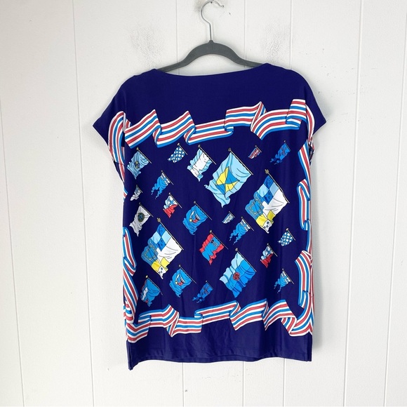 J McLaughlin Blue Nautical Flag Print Catalina Cloth Short Sleeve Top Sz Medium* - Picture 10 of 12